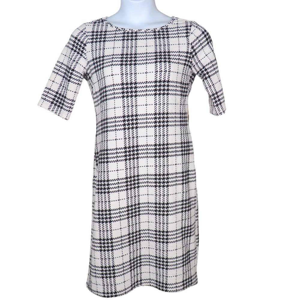 Tacera Black and White Houndstooth Plaid Textured Midi Dress Size Large EUC